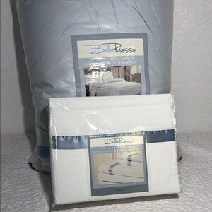 Bella Russo Satin Comforter Light Blue with Blue Trim Matching Queen Sheet Set